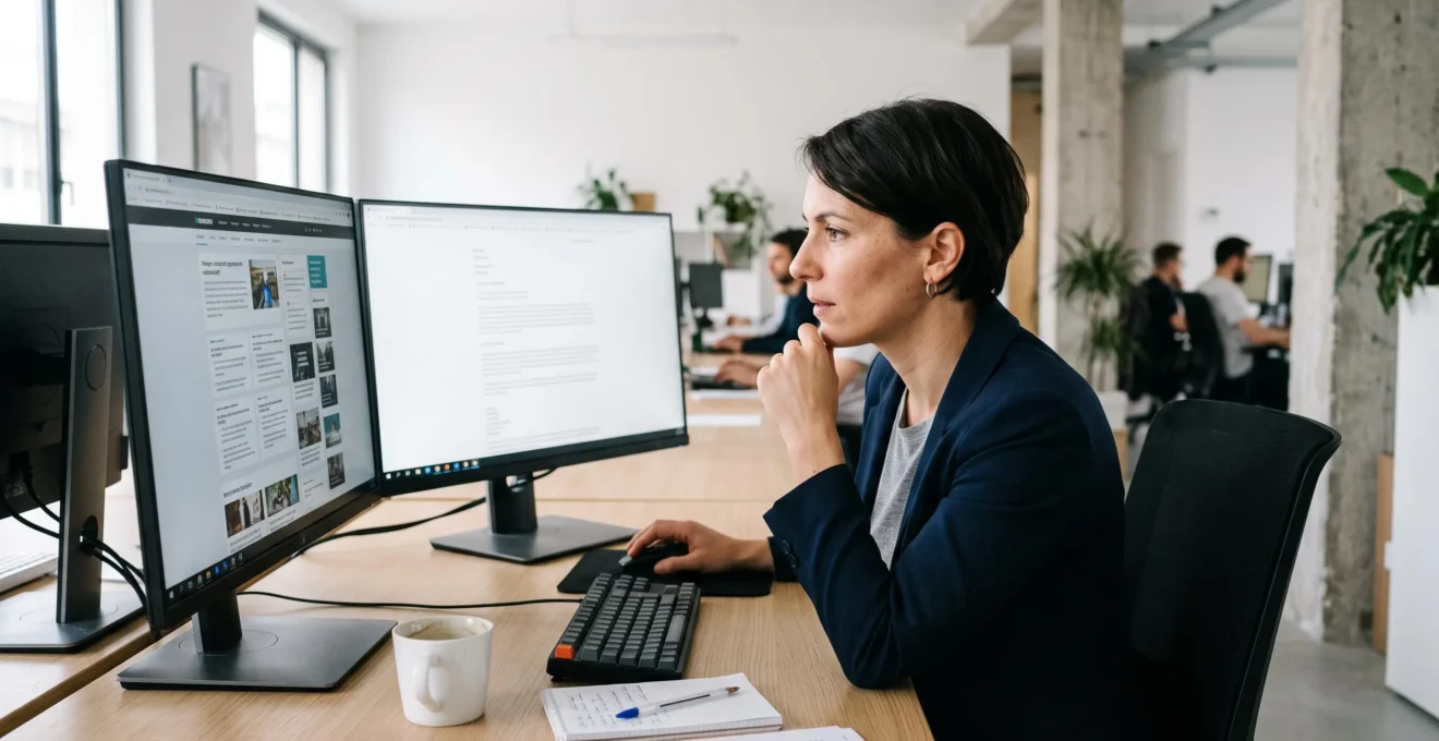 Consultant comparant deux structures de sites web côte à côte sur deux écrans lors d'un audit de maturité SEO