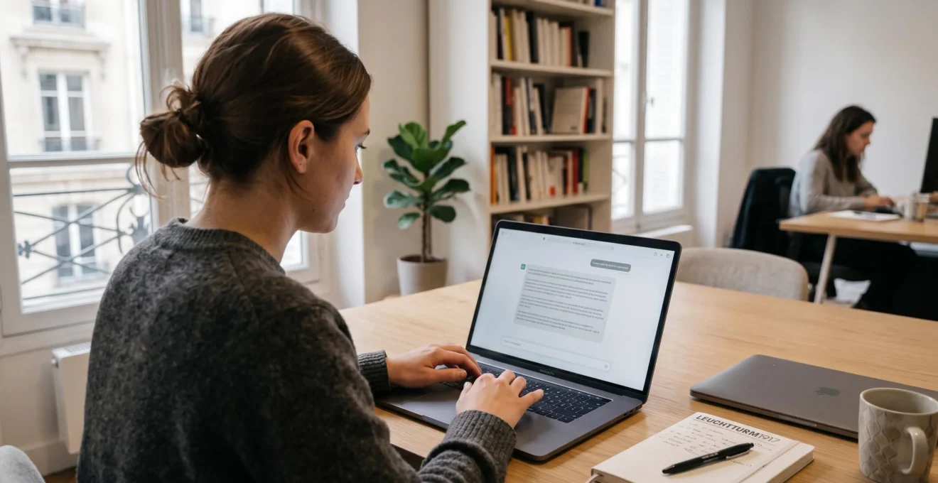Consultant en marketing digital interrogeant un assistant conversationnel sur son ordinateur portable dans un bureau contemporain