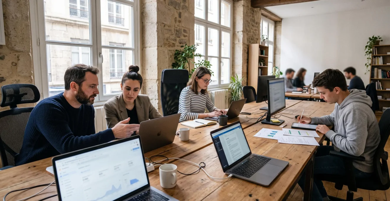 Équipe d'agence digitale travaillant en parallèle sur des tableaux de mesure, la production de contenus et des documents de référence