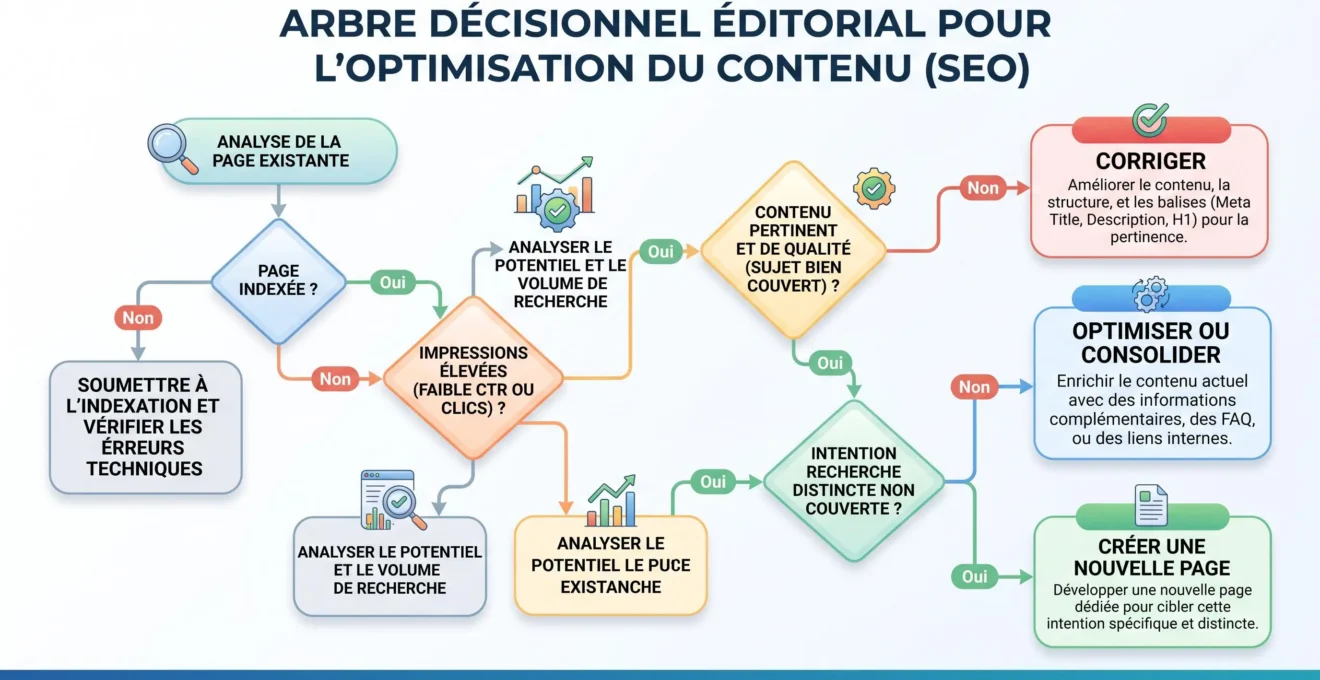 Arbre de décision SEO pour choisir entre corriger, optimiser ou publier